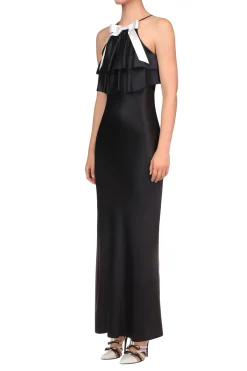 Rodarte Black Charmeuse Bias Tiered Ruffle Halter Dress With White Bow Detail Discount