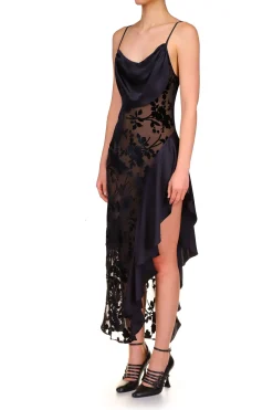 Rodarte Black Floral Burnout Velvet And Satin Asymetrical Cowl Neck Bias Dress Best Sale