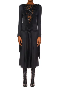 Rodarte Black Silk Long Sleeve Dress With Black Sequin Tulle & Sash Online