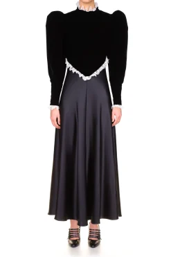 Rodarte Black Silk Satin & Velvet Long Sleeve Dress With Lace Detail Cheap