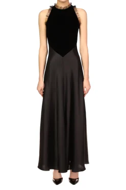 Rodarte Black Silk Satin & Velvet Dress With Tulle Detail New