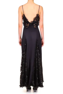 Rodarte Black Silk Satin And Black Sequin Dress With Godet And Lace Ruffle Cheap