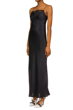 Rodarte Black Silk Satin Bias Dress With Ruched Bust And Black Lace Detail Best