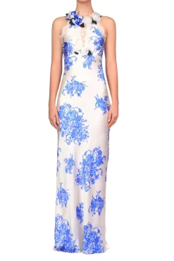 Rodarte Blue And White Floral Printed Silk Bias Gown With Lace Details Shop