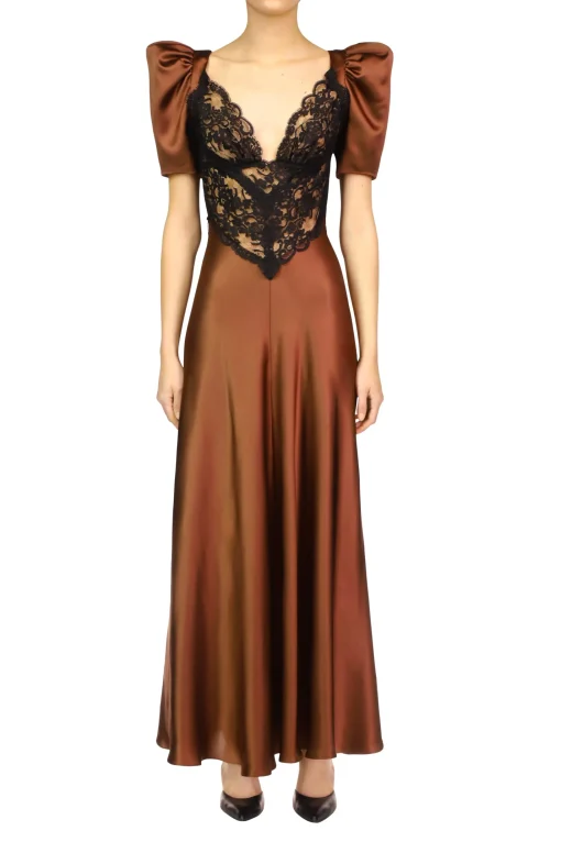 Rodarte Brown Silk Satin Short Sleeve Dress With Black Lace Details Best