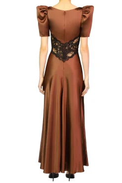 Rodarte Brown Silk Satin Short Sleeve Dress With Black Lace Details Best