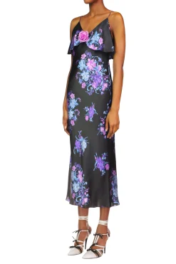 Rodarte Floral Printed Satin Charmeuse Bias Slip Dress With Ruffle And Silk Flower Detail Discount