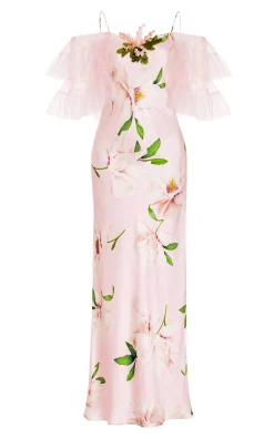 Rodarte Floral Printed Silk Bias Slip Dress With Ruffle Sleeves And Silk Flower Store