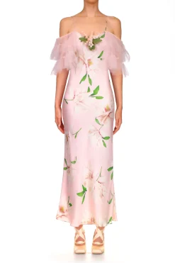 Rodarte Floral Printed Silk Bias Slip Dress With Ruffle Sleeves And Silk Flower Store