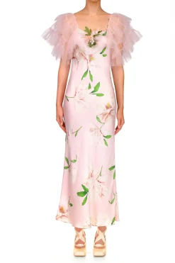 Rodarte Floral Printed Silk Bias Slip Dress With Ruffle Sleeves And Silk Flower Store