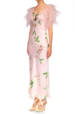 Rodarte Floral Printed Silk Bias Slip Dress With Ruffle Sleeves And Silk Flower Store