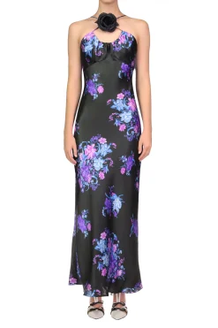 Rodarte Floral Printed Silk Satin Bias Halter Dress With Ruched Bust And Silk Flower Detail Online