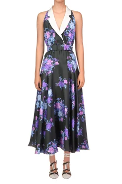 Rodarte Floral Printed Silk Twill Collared Halter Dress With Belt Detail Flash Sale