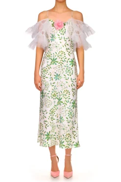 Rodarte Green And White Printed Silk Bias Slip Dress With Ruffle Sleeves And Silk Flower Fashion