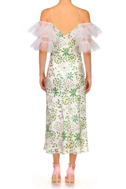 Rodarte Green And White Printed Silk Bias Slip Dress With Ruffle Sleeves And Silk Flower Fashion