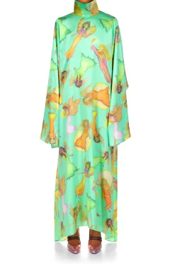 Rodarte Green Fairy Printed Silk Satin Tunic Dress Flash Sale
