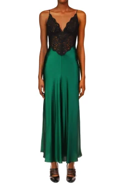 Rodarte Green Silk Charmeuse Bias Dress With Black Lace New