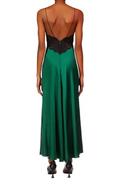 Rodarte Green Silk Charmeuse Bias Dress With Black Lace New