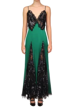 Rodarte Green Silk Satin And Black Sequin Dress With Godet And Lace Ruffle Best