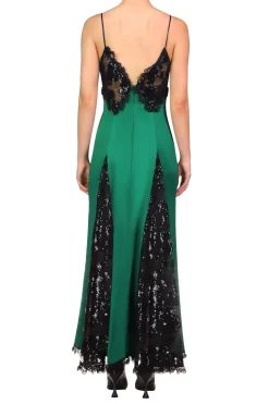 Rodarte Green Silk Satin And Black Sequin Dress With Godet And Lace Ruffle Best