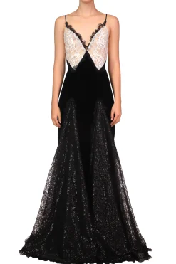 Rodarte Metallic Black And White Lace And Velvet Gown With Lace Godets New