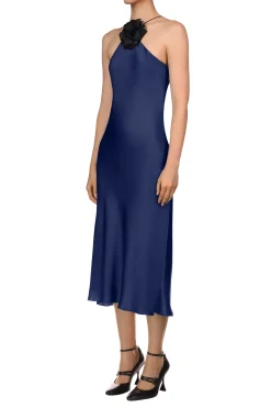 Rodarte Navy Silk Satin Halter Dress With Flower Cheap