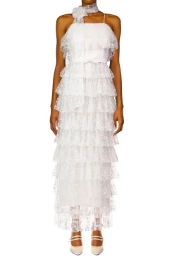 Rodarte Off White Floral Tulle Tiered Ruffle Dress Discount