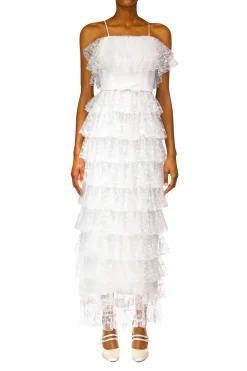Rodarte Off White Floral Tulle Tiered Ruffle Dress Discount