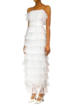 Rodarte Off White Floral Tulle Tiered Ruffle Dress Discount