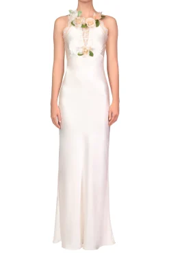 Rodarte Off White Silk Bias Dress With Lace, Ruffle And Silk Flower Details Shop
