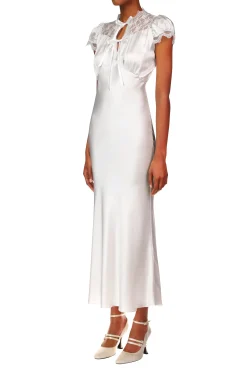 Rodarte Off White Silk Satin Bias Dress With Lace And Ruffle Details Cheap
