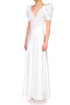 Rodarte Off White Silk Satin Short Sleeve Gown With Lace Details Online