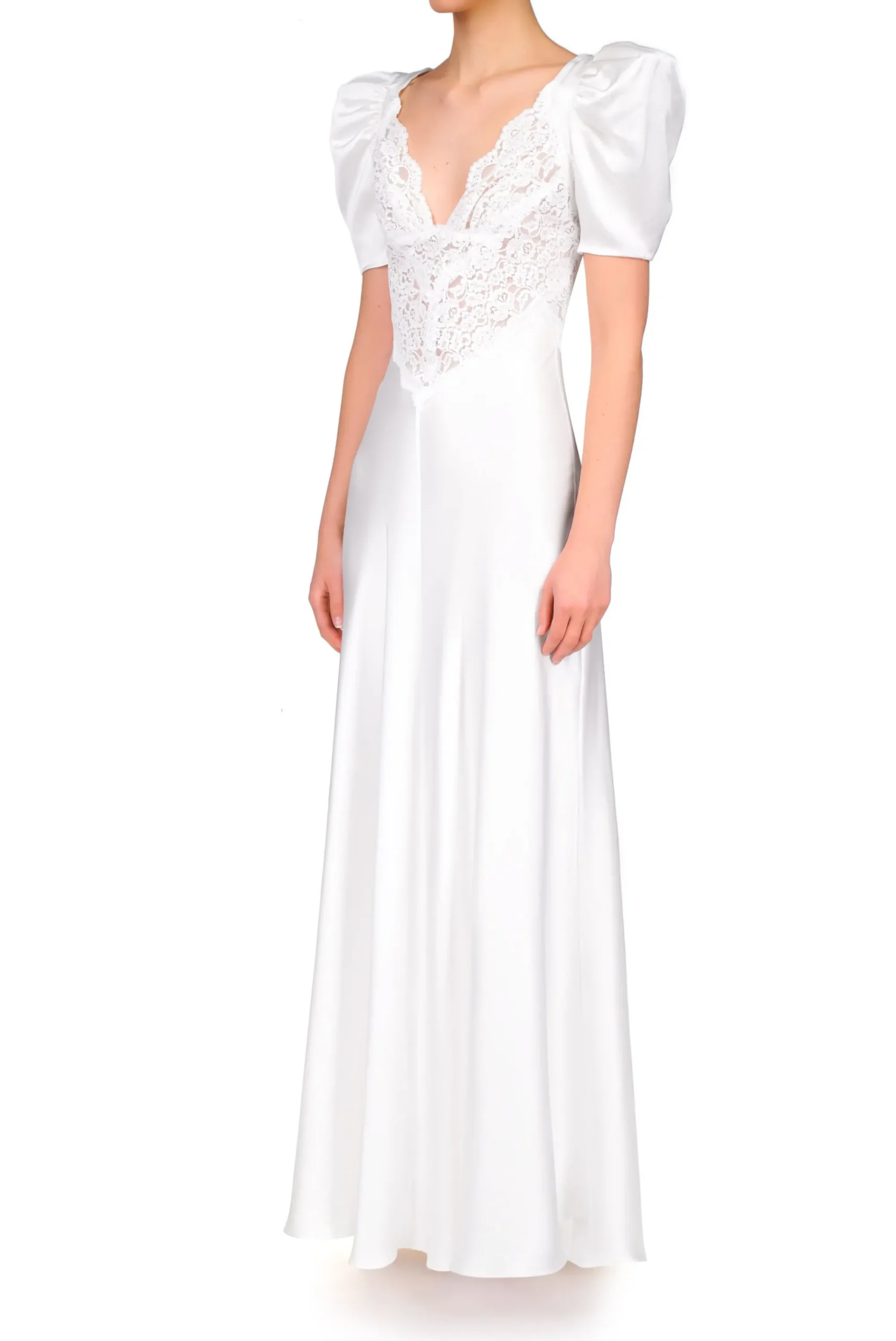 Rodarte Off White Silk Satin Short Sleeve Gown With Lace Details Online