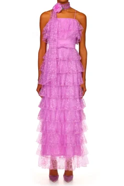 Rodarte Orchid Purple Floral Tulle Tiered Ruffle Dress Cheap