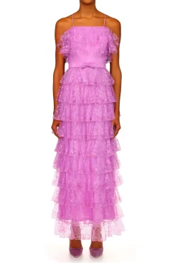 Rodarte Orchid Purple Floral Tulle Tiered Ruffle Dress Cheap