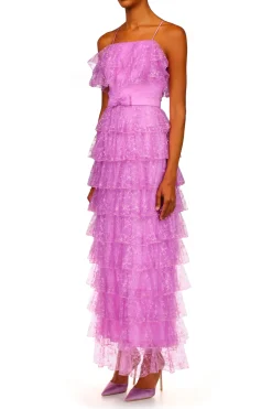 Rodarte Orchid Purple Floral Tulle Tiered Ruffle Dress Cheap
