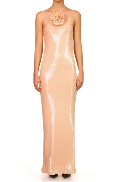 Rodarte Peach Sequin Halter Gown With Flower Detail Best