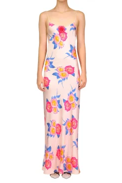 Rodarte Pink And Blue Rose Printed Silk Bias Long Slip Dress With Silk Flower Detail Best