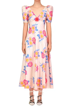 Rodarte Pink And Blue Rose Printed Short Sleeve Dress With Silk Flower Detail Best Sale