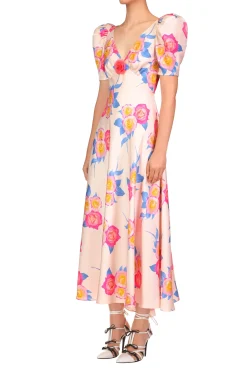 Rodarte Pink And Blue Rose Printed Short Sleeve Dress With Silk Flower Detail Best Sale