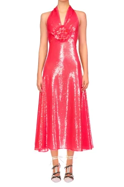 Rodarte Pink Sequin Halter Bias Dress With Flower Detail Best Sale