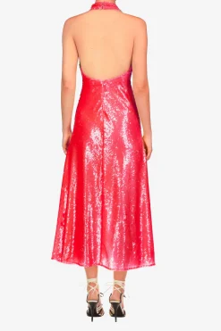 Rodarte Pink Sequin Halter Bias Dress With Flower Detail Best Sale