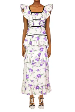 Rodarte Purple Iris Printed Silk Twill Dress With Velvet Ribbon Detail Store