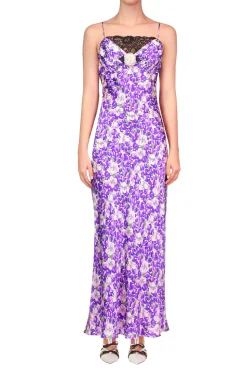 Rodarte Purple Iris Printed Silk Satin Bias Dress With Ruched Bust And Black Lace Detail Hot