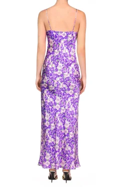 Rodarte Purple Iris Printed Silk Satin Bias Dress With Ruched Bust And Black Lace Detail Hot