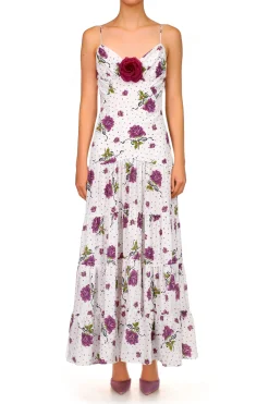 Rodarte Purple Rose Printed Silk Tiered Dress With Silk Flower Discount