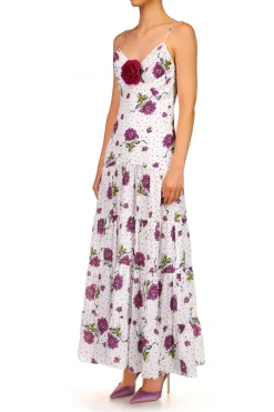 Rodarte Purple Rose Printed Silk Tiered Dress With Silk Flower Discount