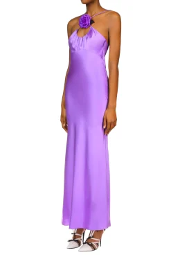 Rodarte Purple Silk Satin Bias Dress With Ruched Bust And Silk Flower Detail Outlet