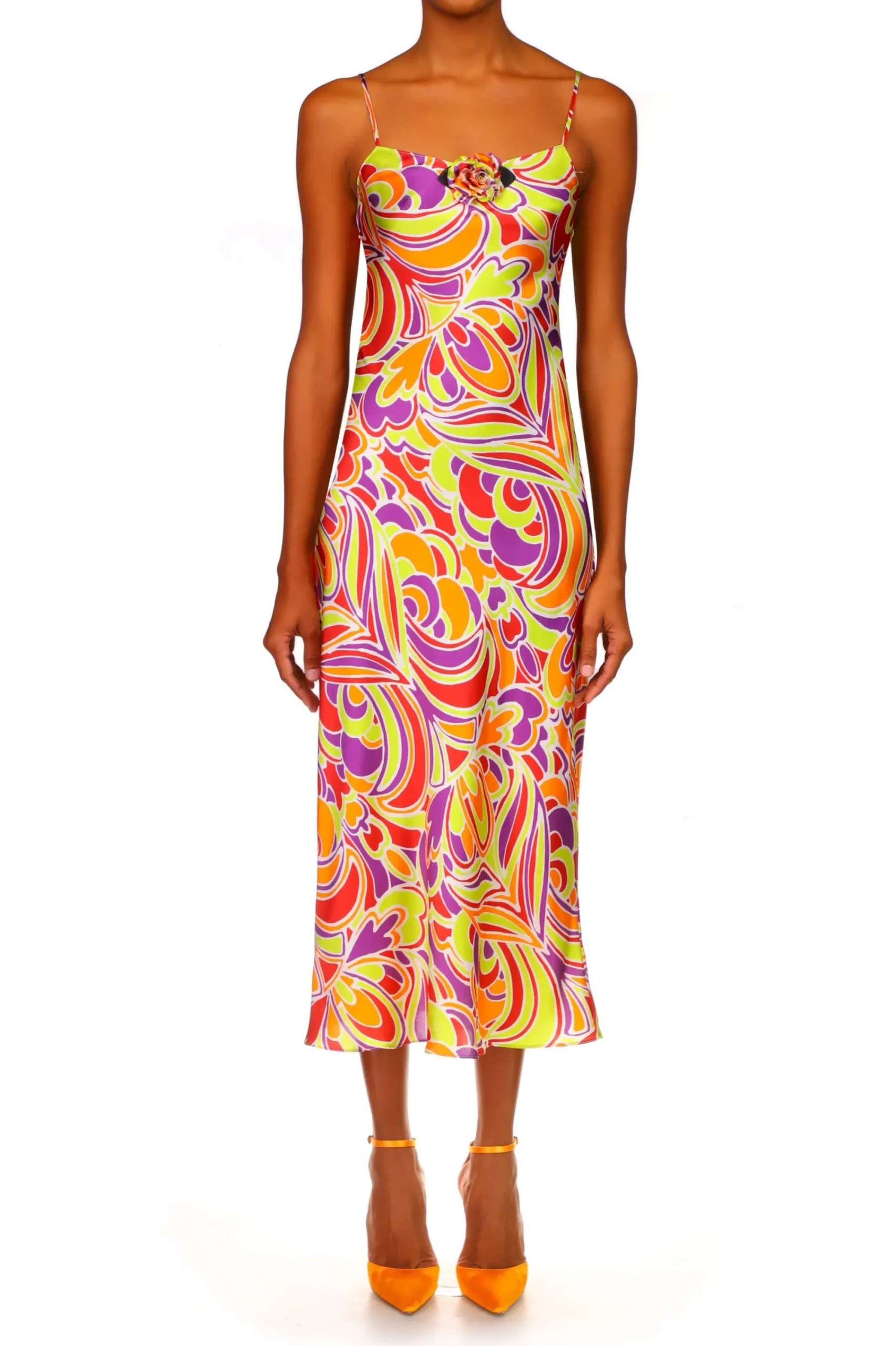 Rodarte Red And Orange Multicolor Printed Midi Length Slip Dress Outlet