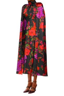 Rodarte Red And Purple Floral Silk Satin Cape Dress Clearance
